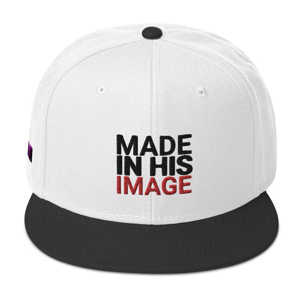 "Made in His Image" Genesis 1:27 NKJV Snapback Hat with Unbounded Christian Clothing-snapback-black-white-white-front view Made In His ImageSnapback Hat- (Black Letters)